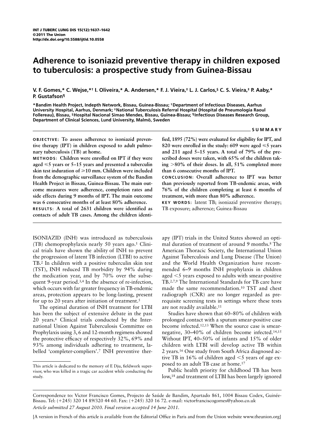 Adherence to Isoniazid Preventive Therapy in Children Exposed to Tuberculosis: a Prospective Study from Guinea-Bissau