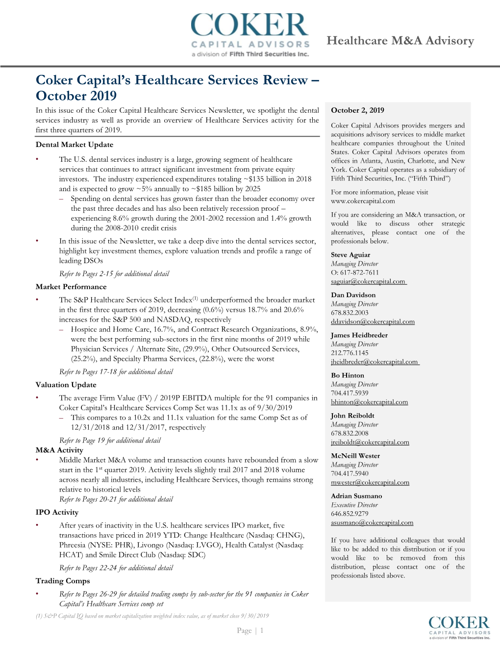 Coker Capital's Healthcare Services Review – October 2019