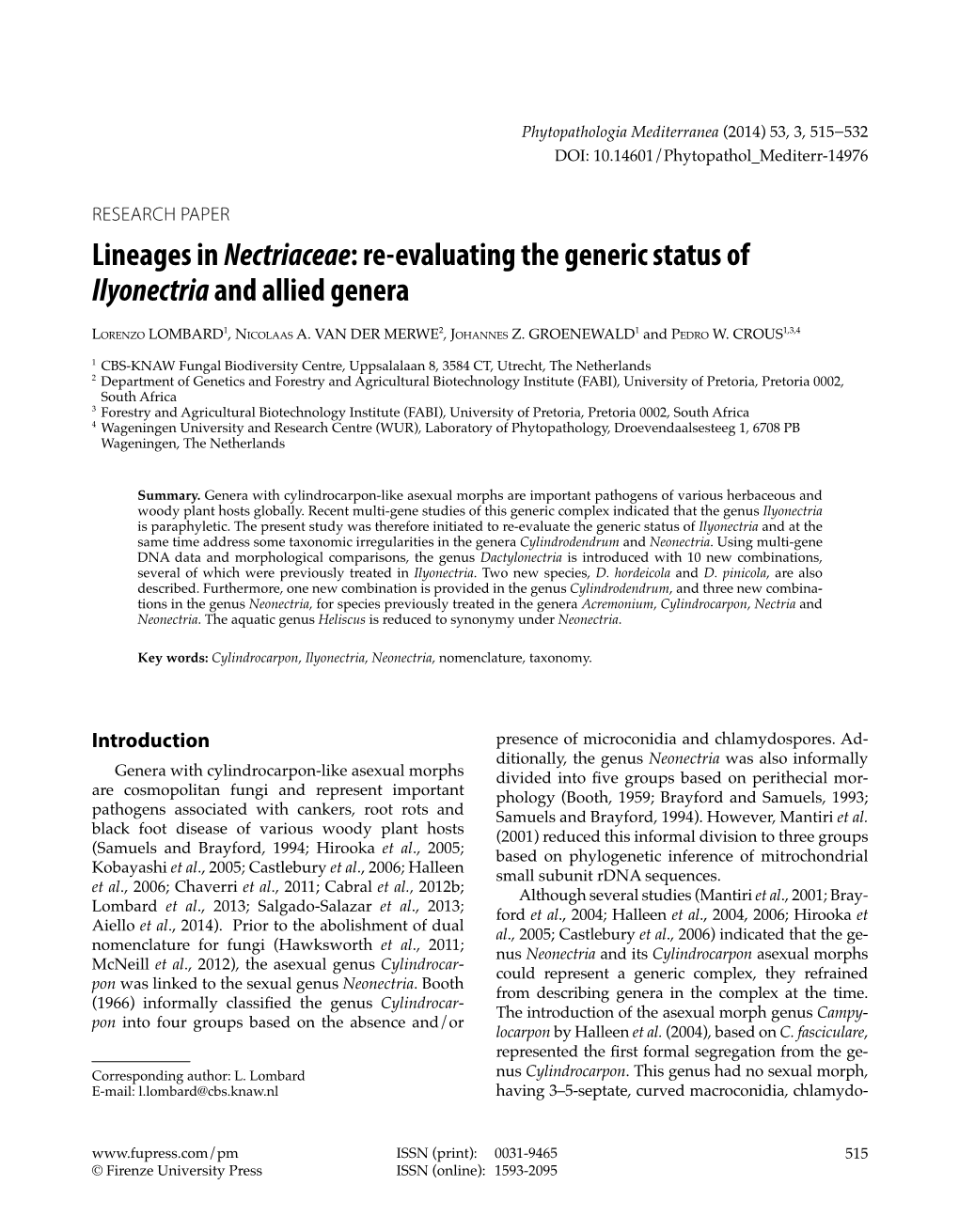 Re-Evaluating the Generic Status of Ilyonectriaand Allied Genera