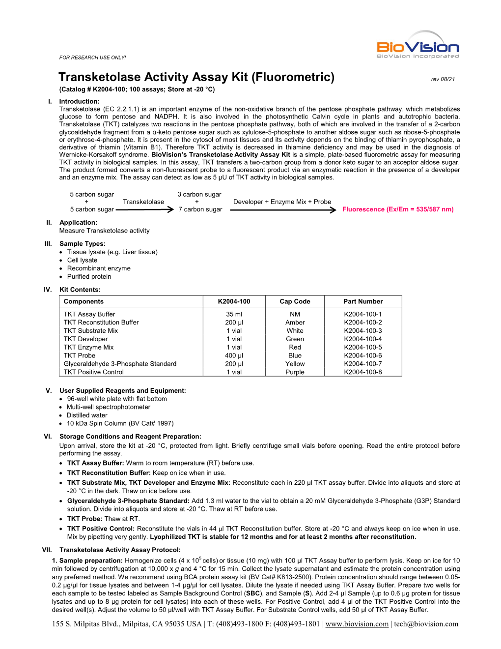 Transketolase Activity Assay Kit (Fluorometric) Rev 08/21 (Catalog # K2004-100; 100 Assays; Store at -20 °C) I