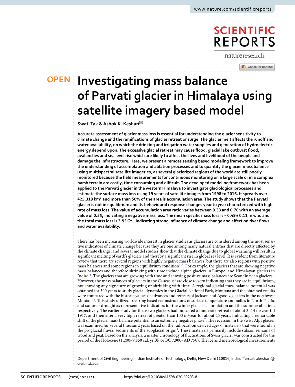 Investigating Mass Balance of Parvati Glacier in Himalaya Using Satellite Imagery Based Model Swati Tak & Ashok K