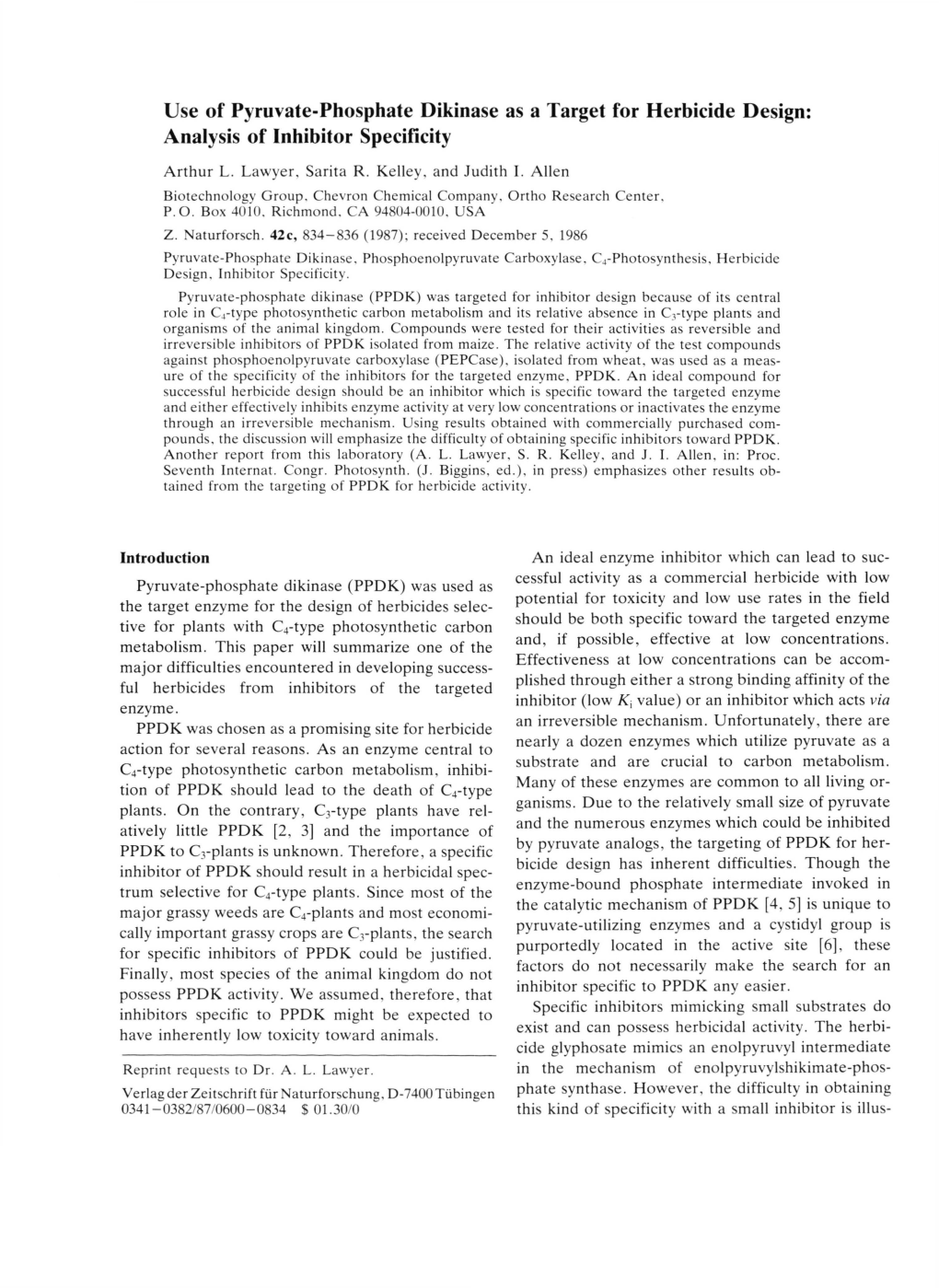 Use of Pyruvate-Phosphate Dikinase As a Target for Herbicide Design: Analysis of Inhibitor Specificity