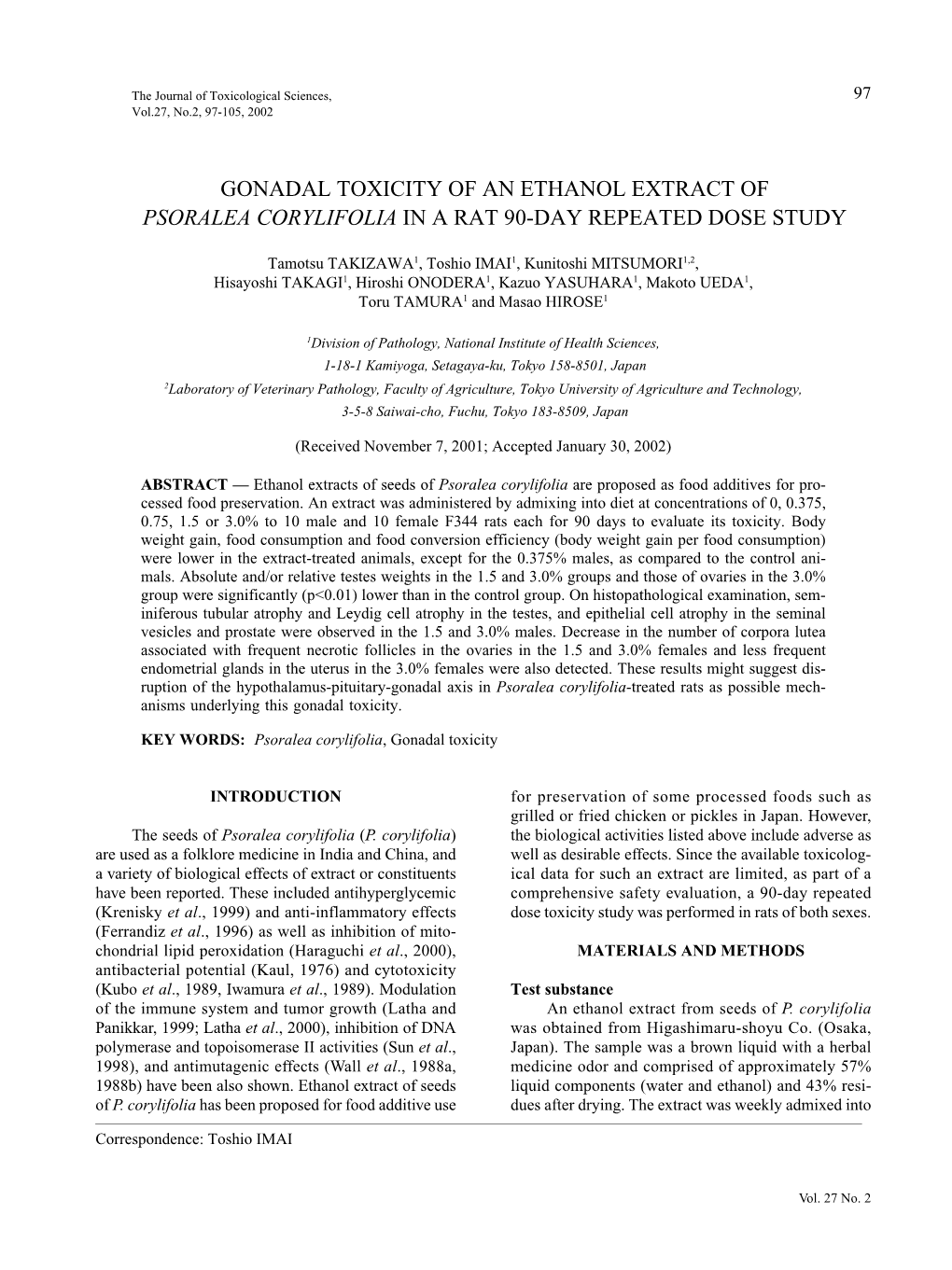 Gonadal Toxicity of an Ethanol Extract of Psoralea Corylifolia in a Rat 90-Day Repeated Dose Study