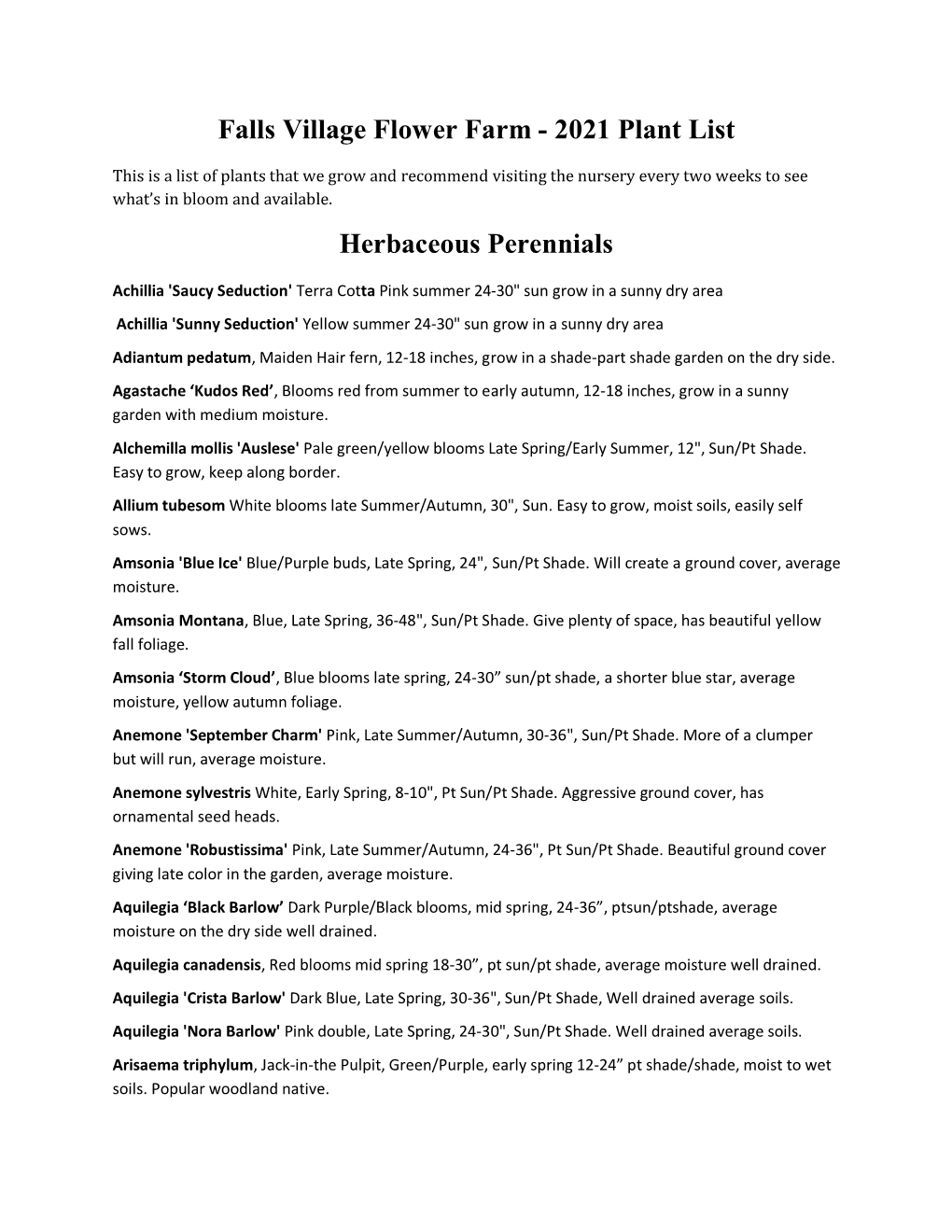 2021 Plant List Herbaceous Perennials