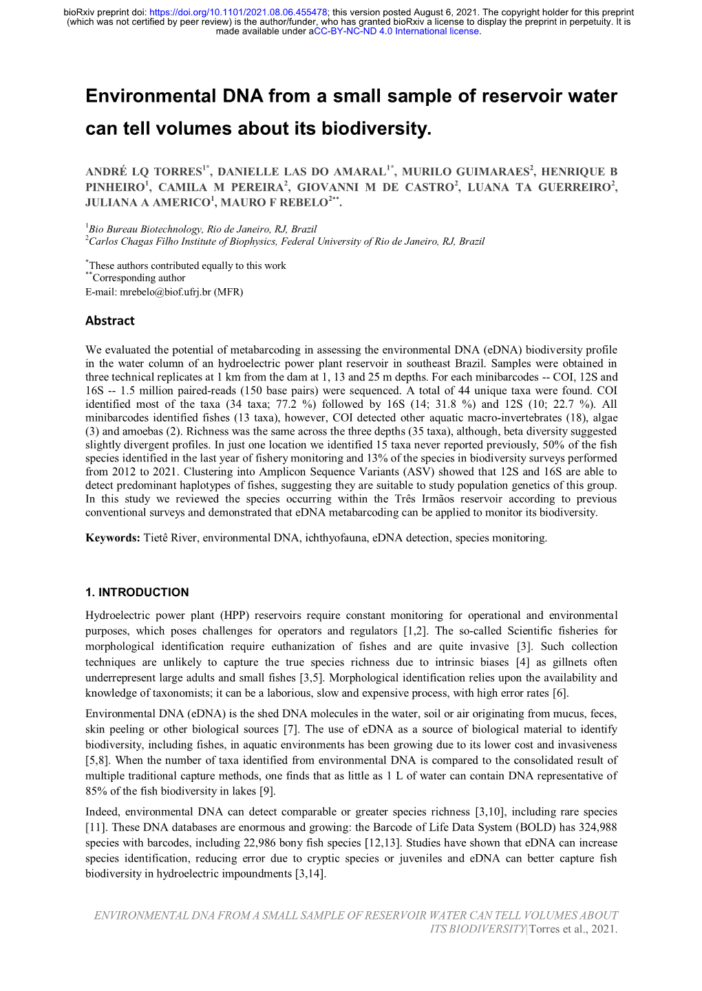 ENVIRONMENTAL DNA from a SMALL SAMPLE of RESERVOIR WATER CAN TELL VOLUMES ABOUT ITS BIODIVERSITY|Torres Et Al., 2021