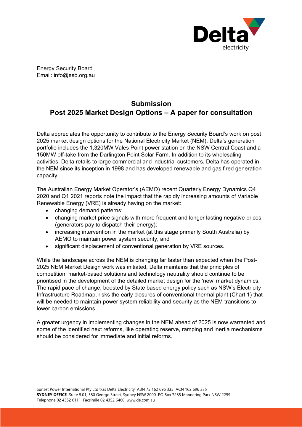 Delta Electricity Response to P2025 Market Design Consultation Paper