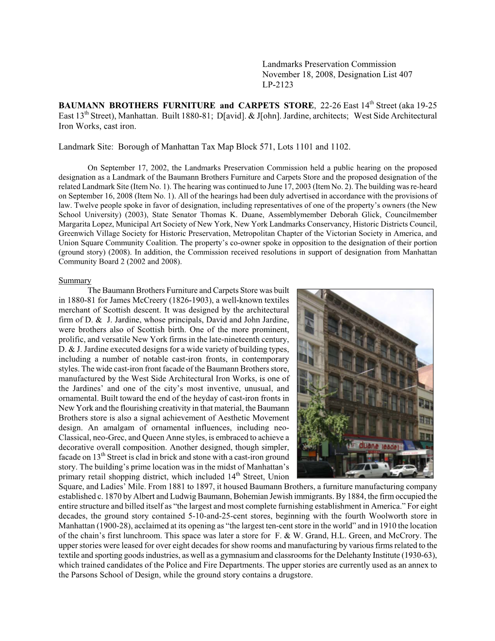 Landmarks Preservation Commission November 18, 2008, Designation List 407 LP-2123