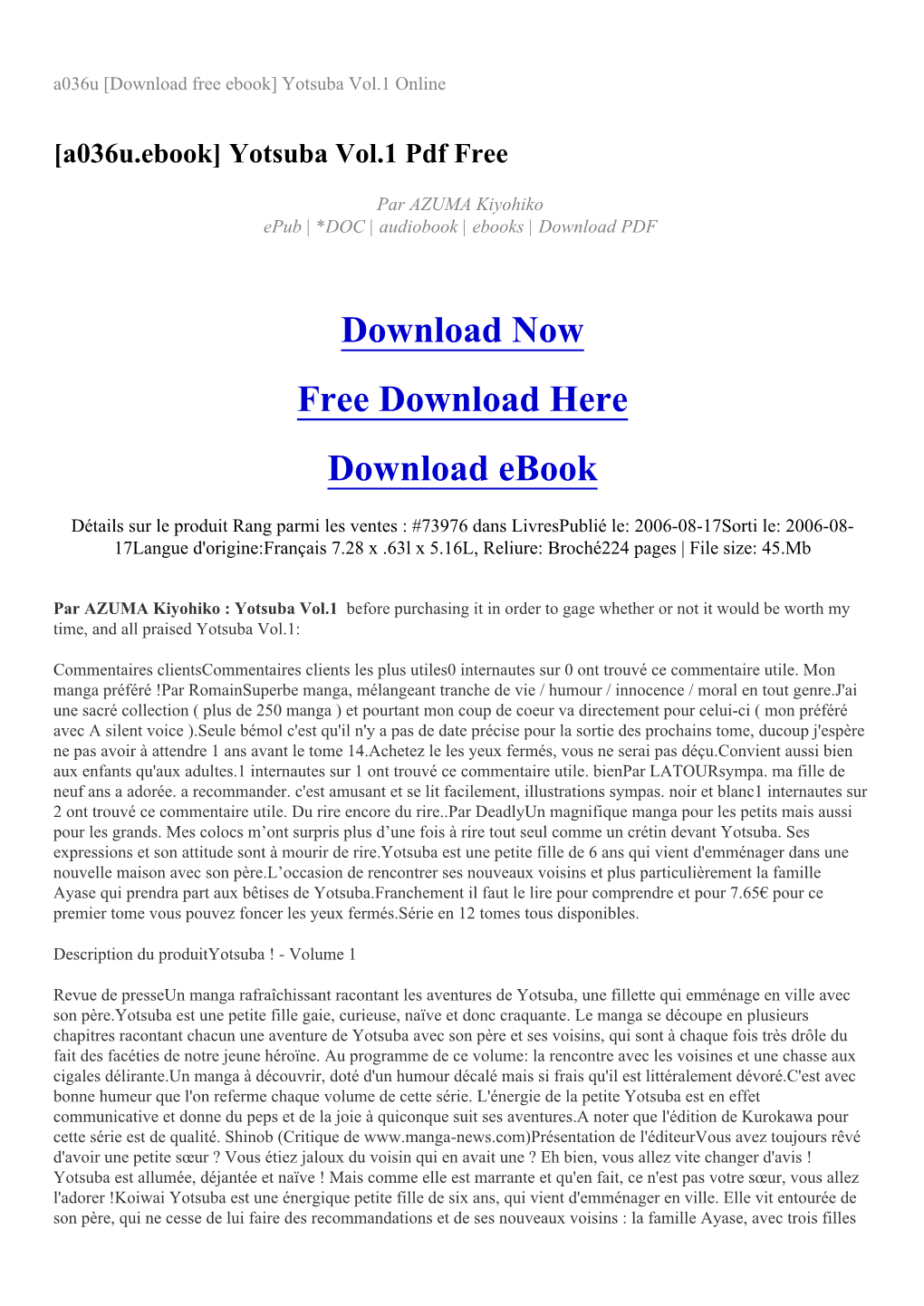 A036u [Download Free Ebook] Yotsuba Vol.1 Online