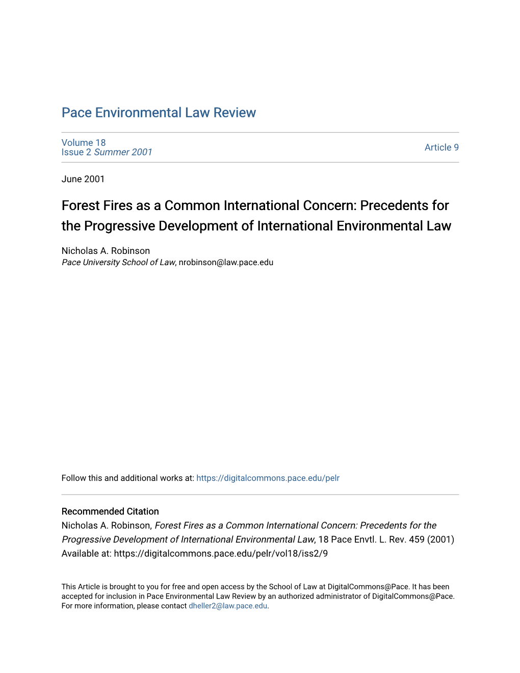 Forest Fires As a Common International Concern: Precedents for the Progressive Development of International Environmental Law