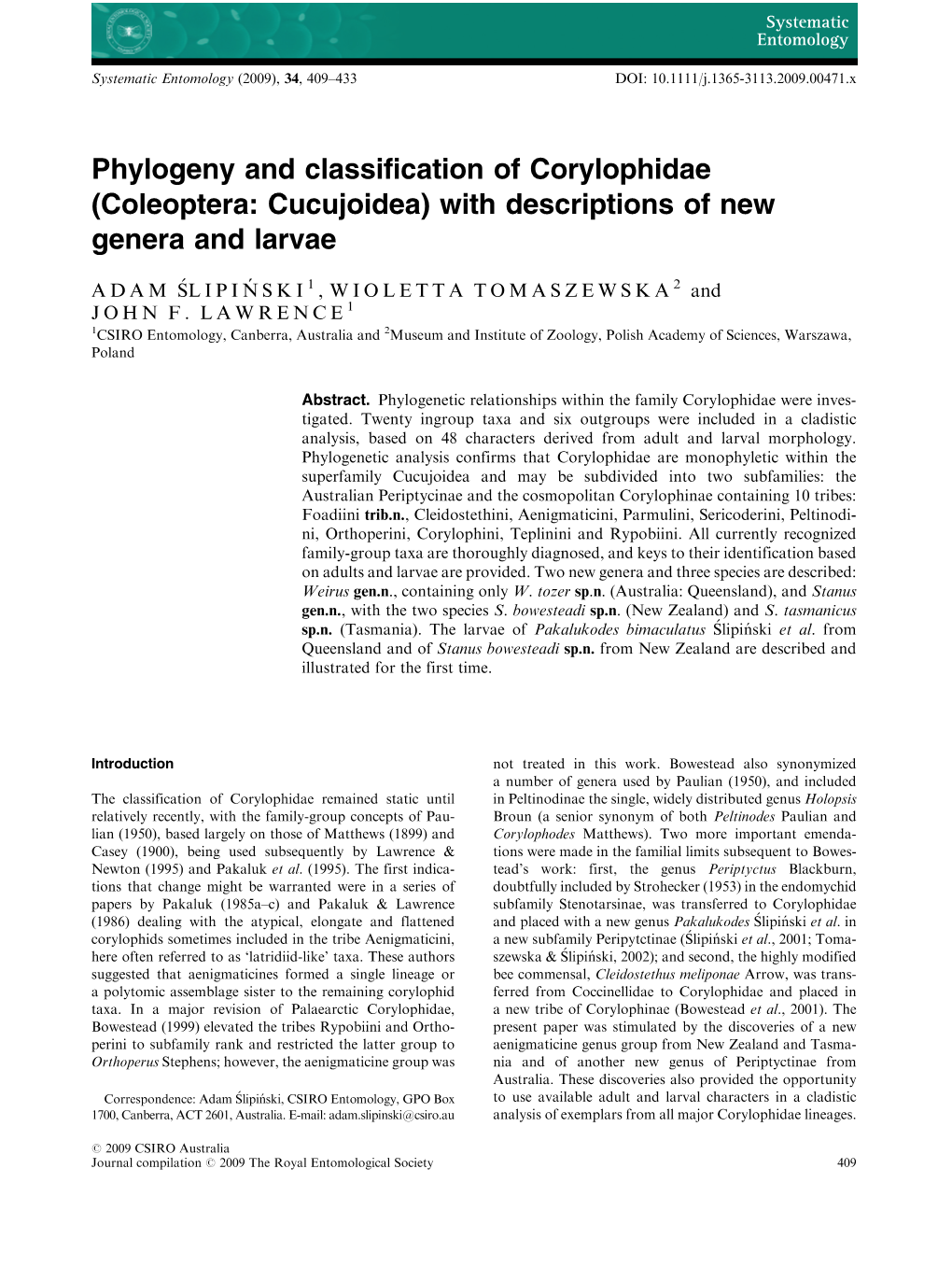 Phylogeny and Classification of Corylophidae (Coleoptera: Cucujoidea) with Descriptions of New Genera and Larvae