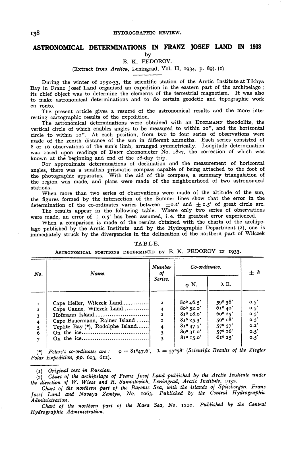 ASTRONOMICAL DETERMINATIONS in FRANZ JOSEF LAND in 1933 by E