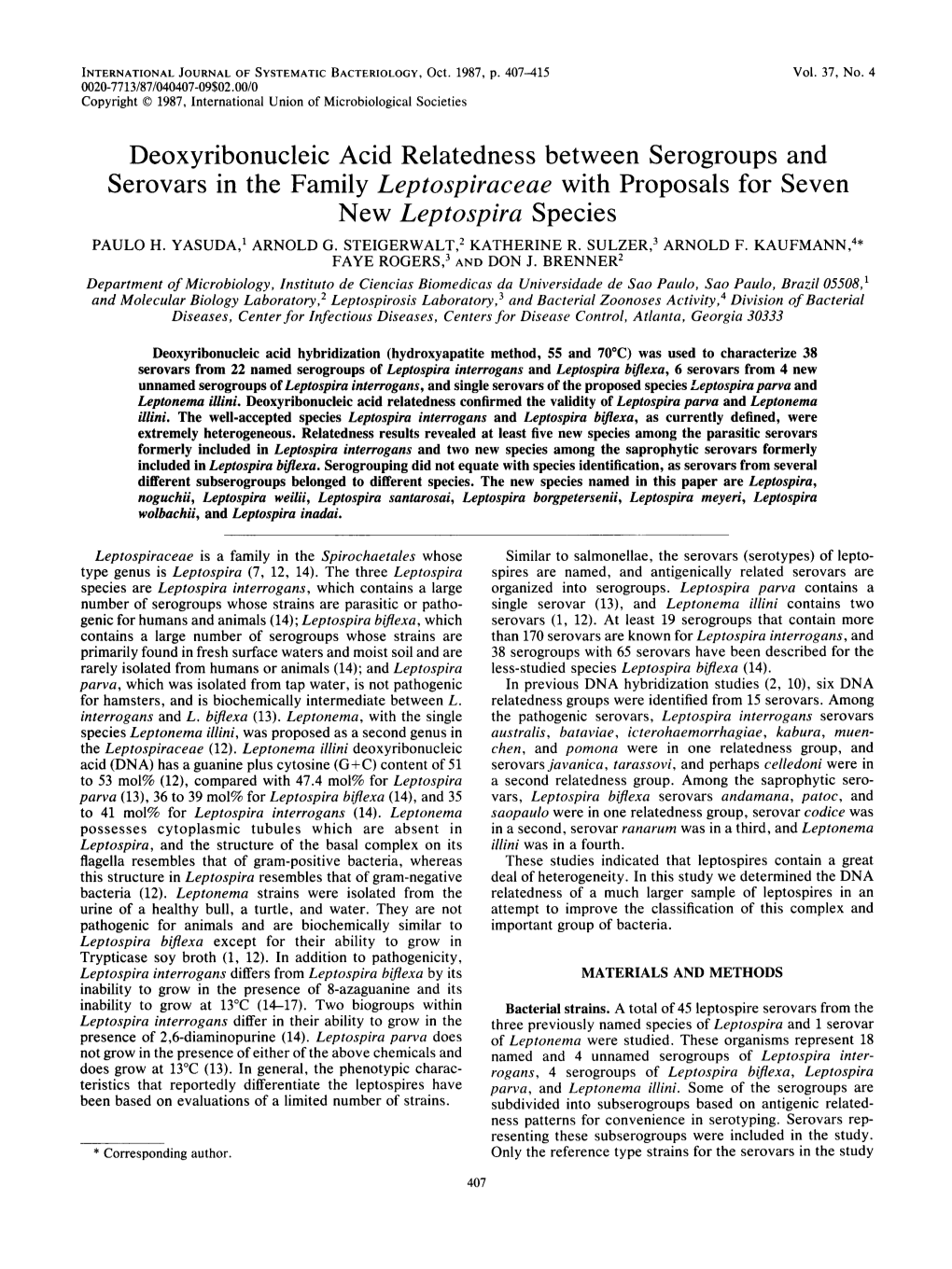 Leptospiraceae with Proposals for Seven New Leptospira Species PAUL0 H