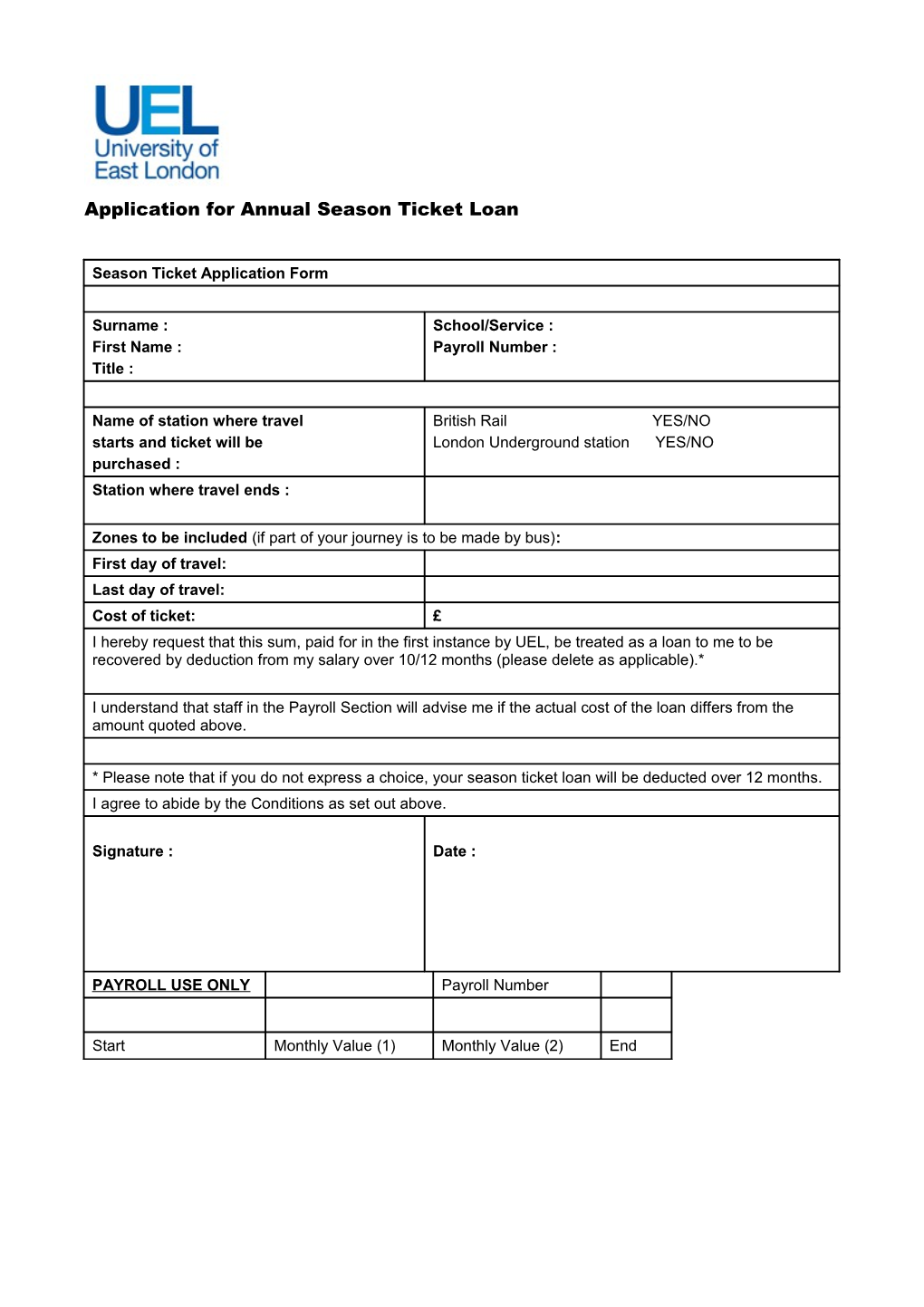 Application For Annual Season Ticket Loan