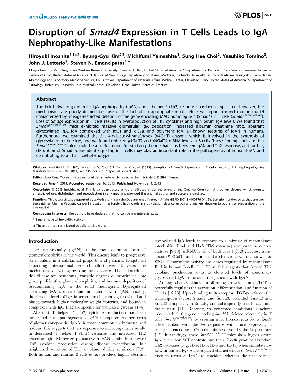 Disruption of Smad4 Expression in T Cells Leads to Iga Nephropathy-Like Manifestations