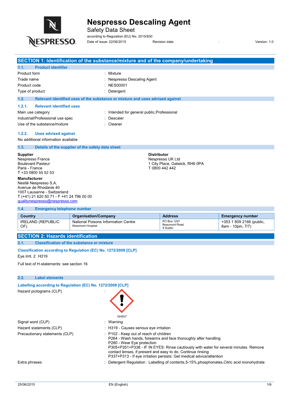 Nespresso Descaling Agent Safety Data Sheet According to Regulation (EU) No