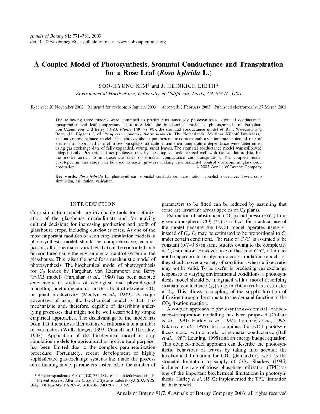 A Coupled Model of Photosynthesis, Stomatal Conductance and Transpiration for a Rose Leaf (Rosa Hybrida L.)