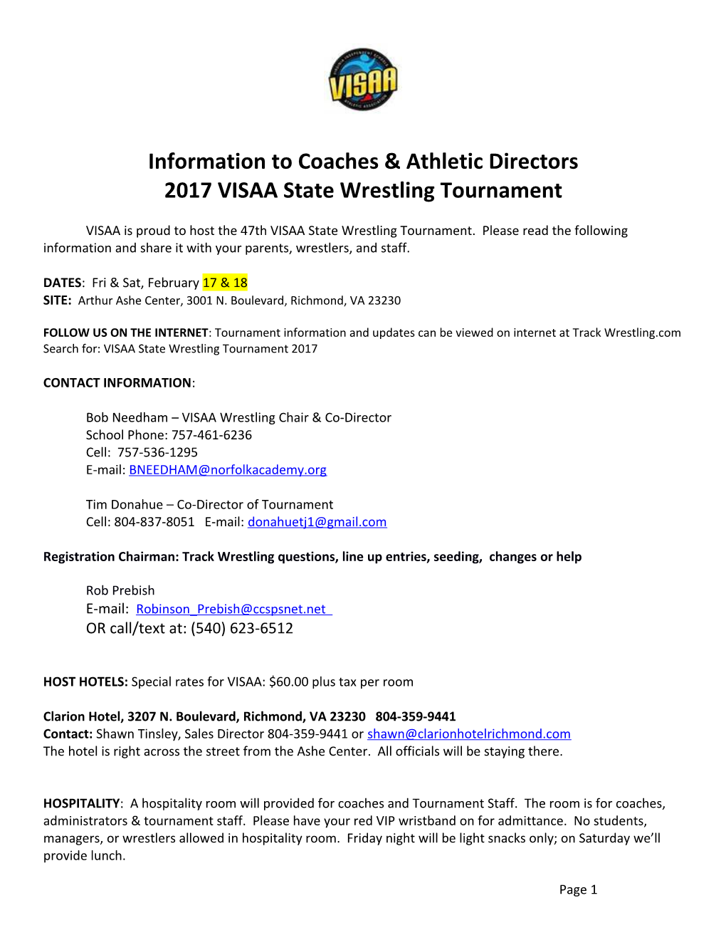 Information to Coaches & Athletic Directors