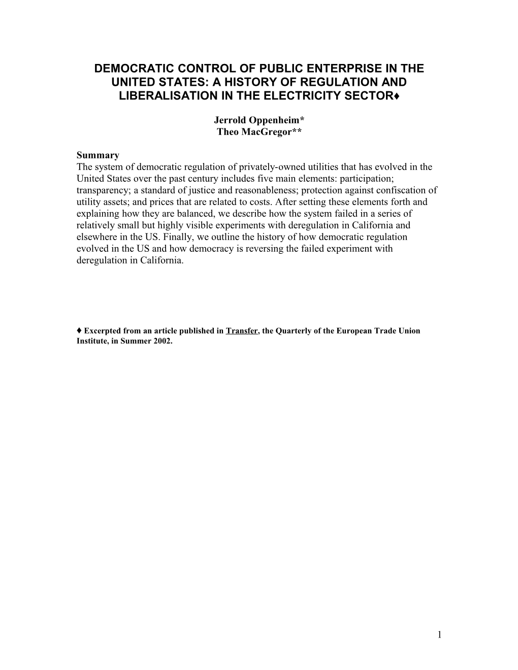 Democratic Control of Public Enterprise in the United States: a History of Regulation