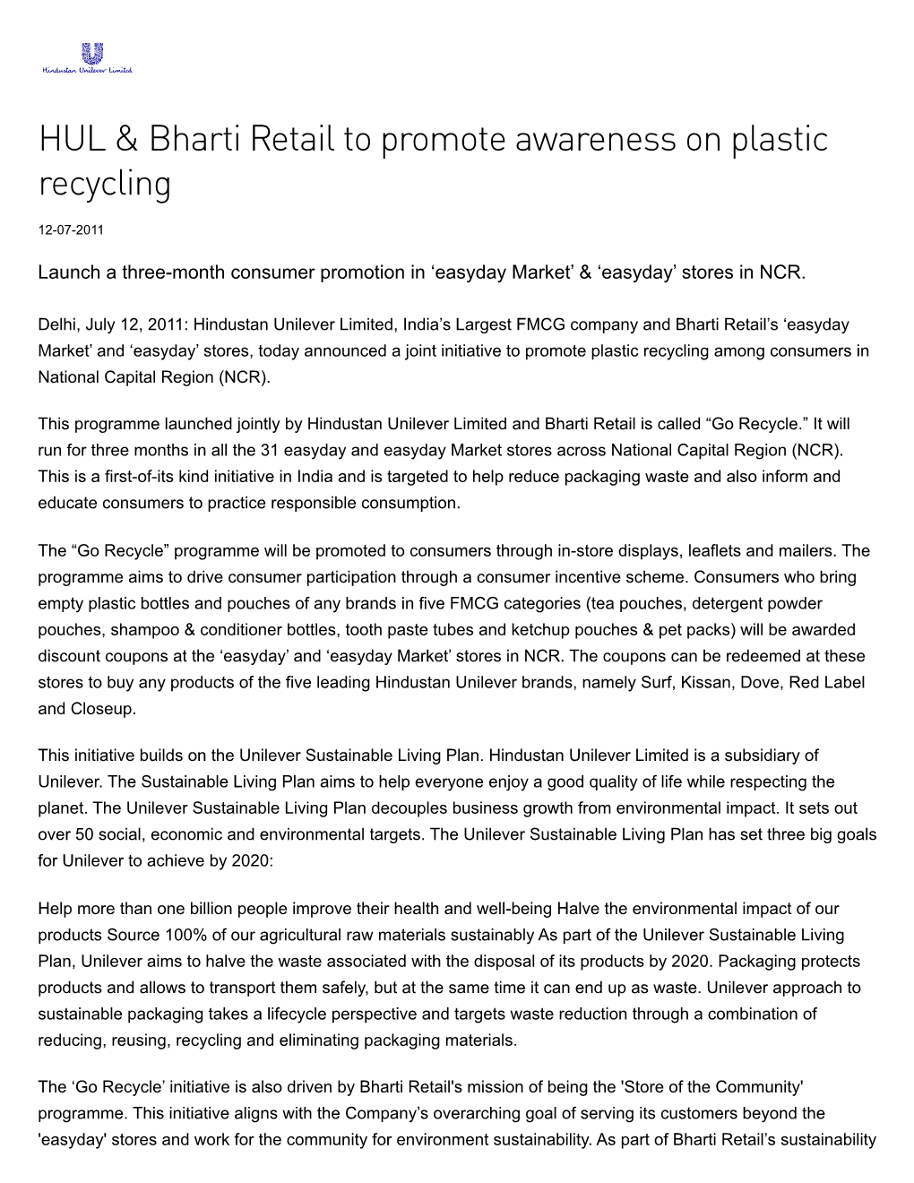 HUL & Bharti Retail to Promote Awareness on Plastic Recycling