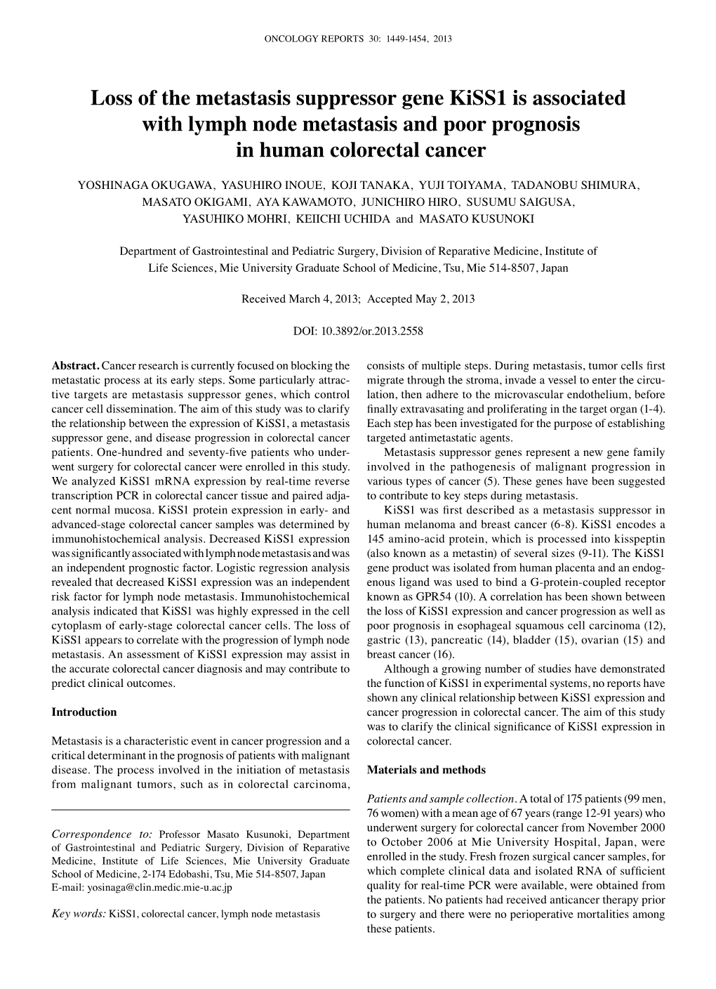 Loss of the Metastasis Suppressor Gene Kiss1 Is Associated with Lymph Node Metastasis and Poor Prognosis in Human Colorectal Cancer