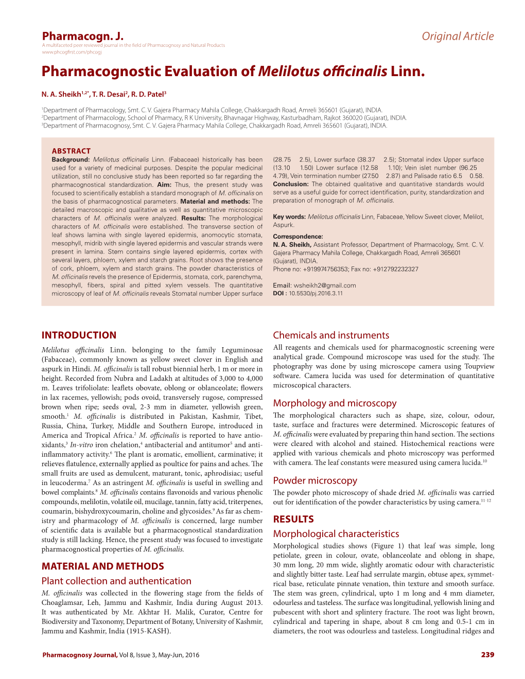 Pharmacognostic Evaluation of Melilotus Officinalis Linn