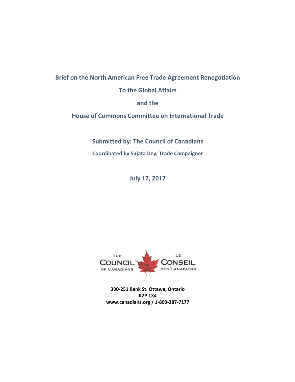 Council of Canadians Coordinated by Sujata Dey, Trade Campaigner