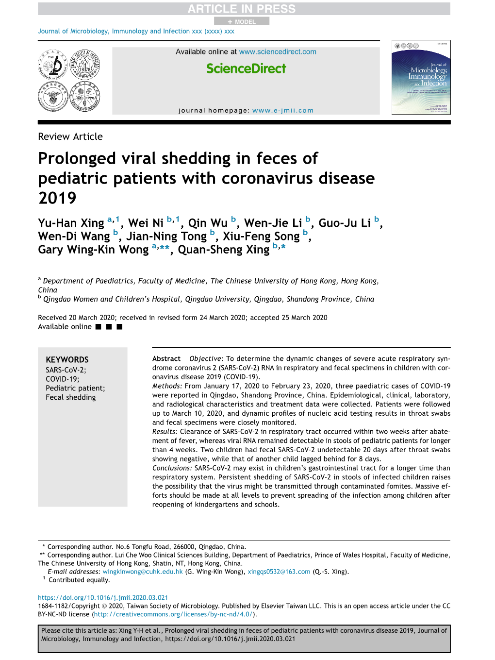 Prolonged Viral Shedding in Feces of Pediatric Patients with Coronavirus