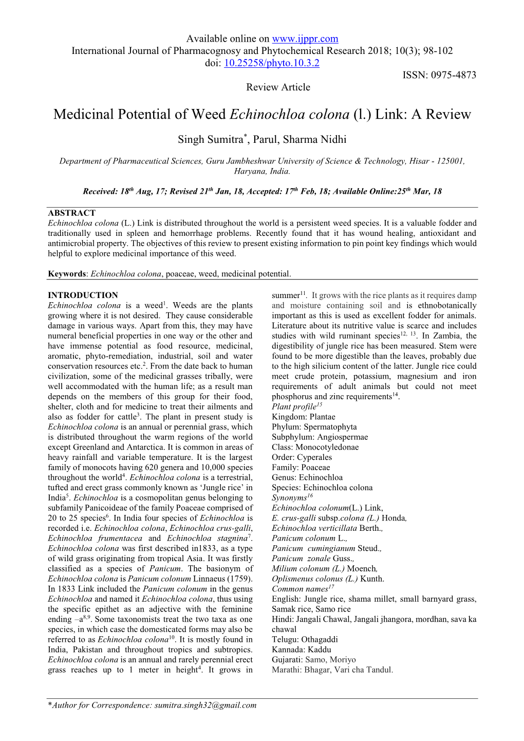 Medicinal Potential of Weed Echinochloa Colona (L.) Link: a Review