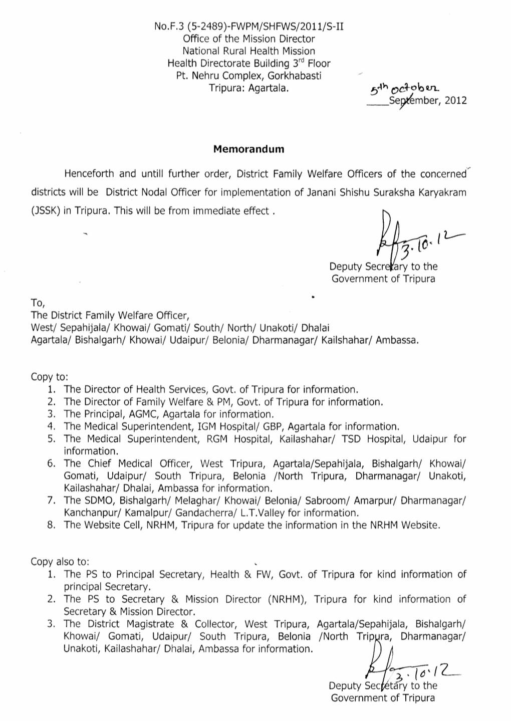 J" L Deputy Secr Ary to the Government of Tripura