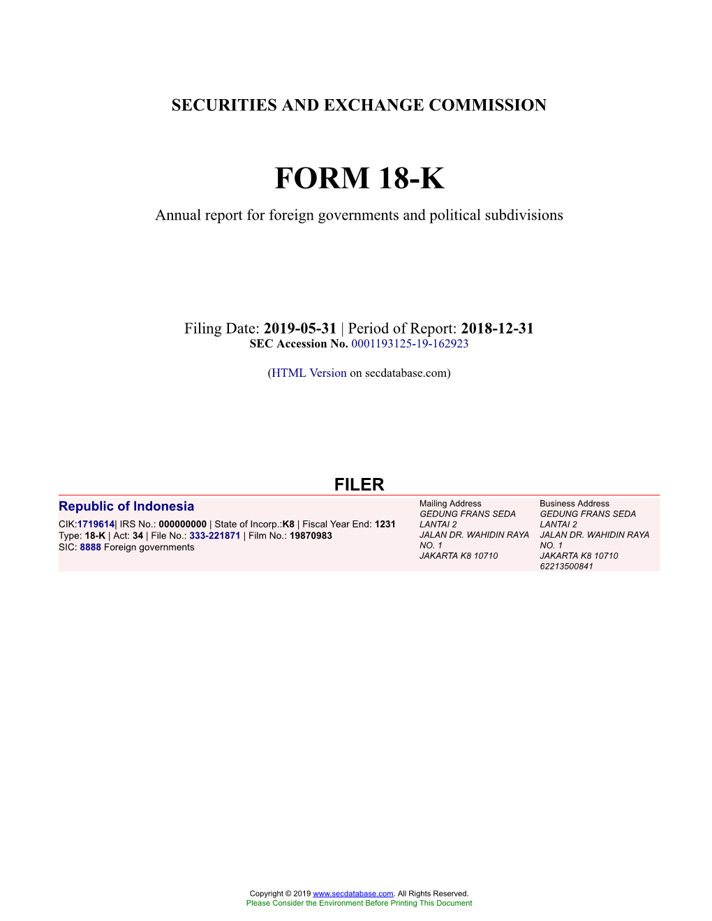 Republic of Indonesia Form 18-K Filed 2019-05-31