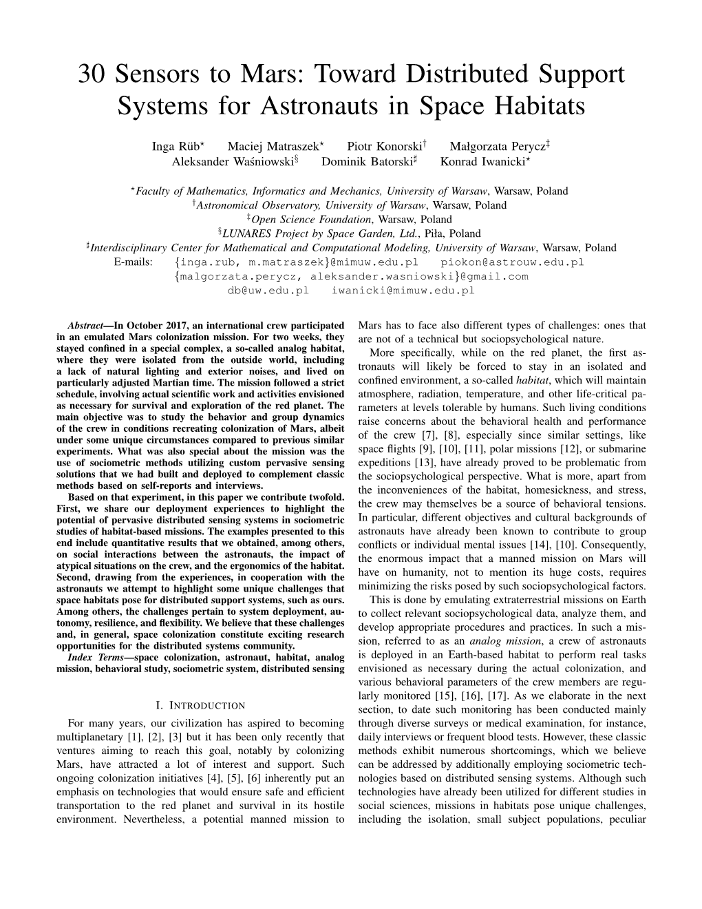 30 Sensors to Mars: Toward Distributed Support Systems for Astronauts in Space Habitats