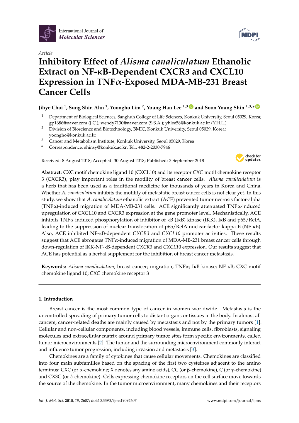 Inhibitory Effect of Alisma Canaliculatum Ethanolic Extract on NF-Κb-Dependent CXCR3 and CXCL10 Expression in Tnfα-Exposed MDA-MB-231 Breast Cancer Cells