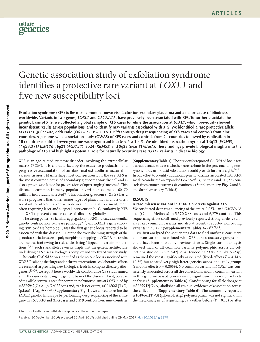 Genetic Association Study of Exfoliation Syndrome Identifies A