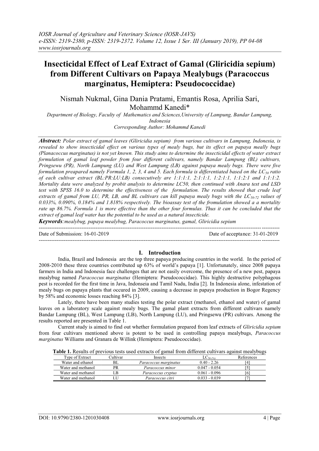 Insecticidal Effect of Leaf Extract of Gamal (Gliricidia Sepium) from Different Cultivars on Papaya Mealybugs (Paracoccus Marginatus, Hemiptera: Pseudococcidae)