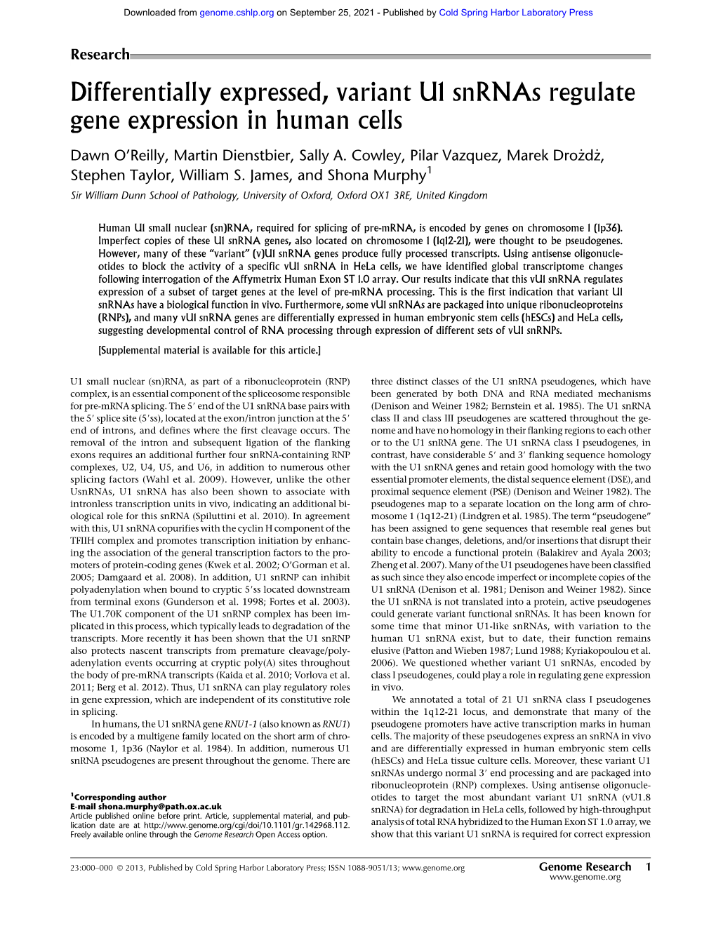 Differentially Expressed, Variant U1 Snrnas Regulate Gene Expression in Human Cells