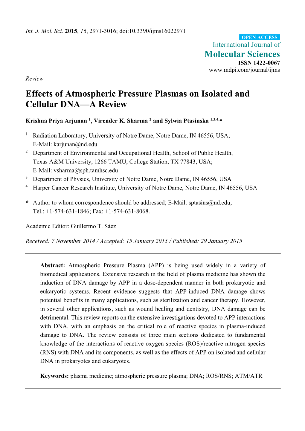 Effects of Atmospheric Pressure Plasmas on Isolated and Cellular DNA—A Review