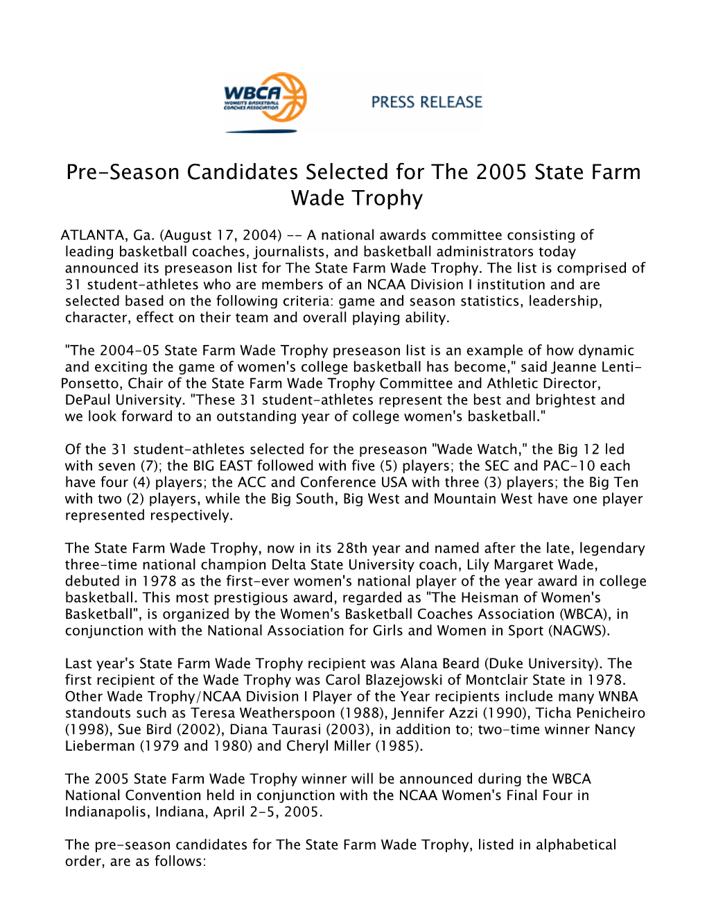 Pre-Season Candidates Selected for the 2005 State Farm Wade Trophy