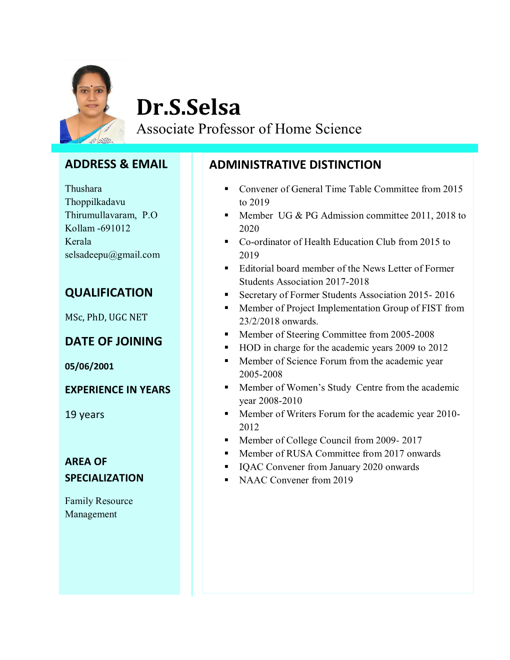 Dr.S.Selsa Associate Professor of Home Science