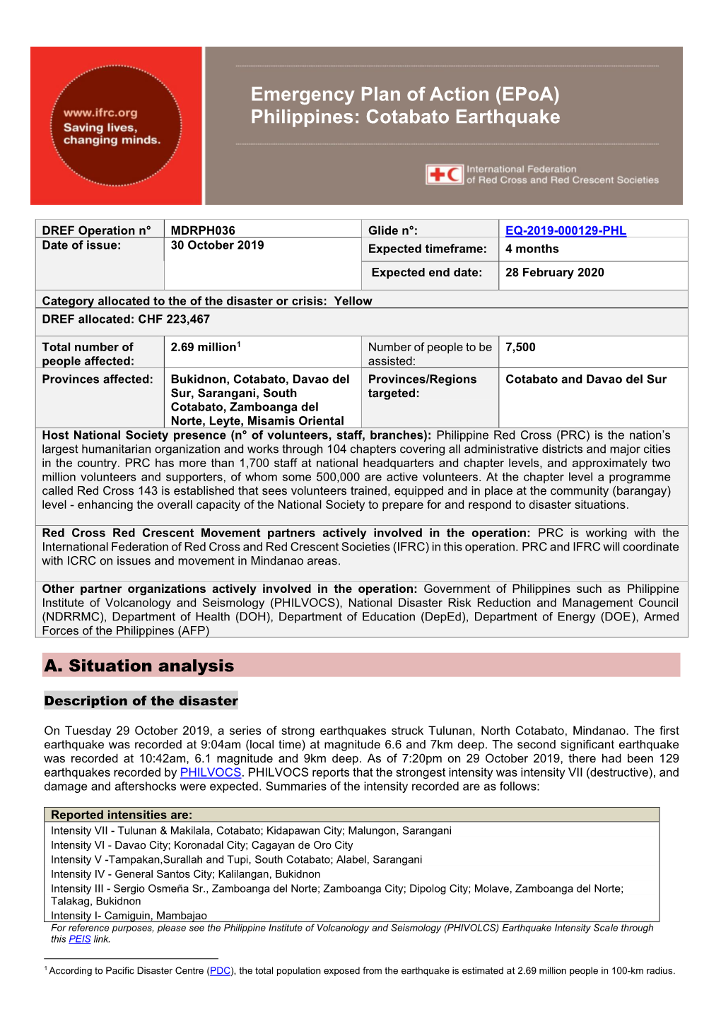 Emergency Plan of Action (Epoa) Philippines: Cotabato Earthquake