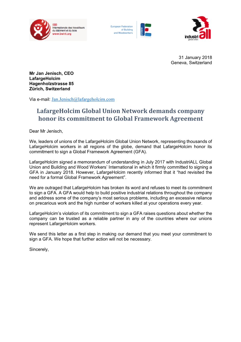 Lafargeholcim Global Union Network Demands Company Honor Its Commitment to Global Framework Agreement