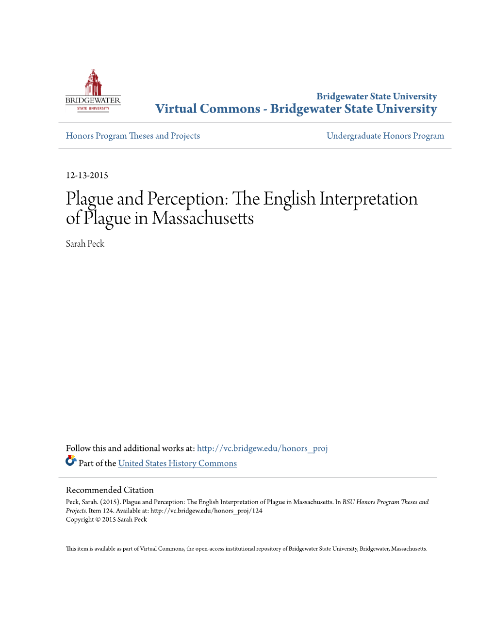 Plague and Perception: the Ne Glish Interpretation of Plague in Massachusetts Sarah Peck