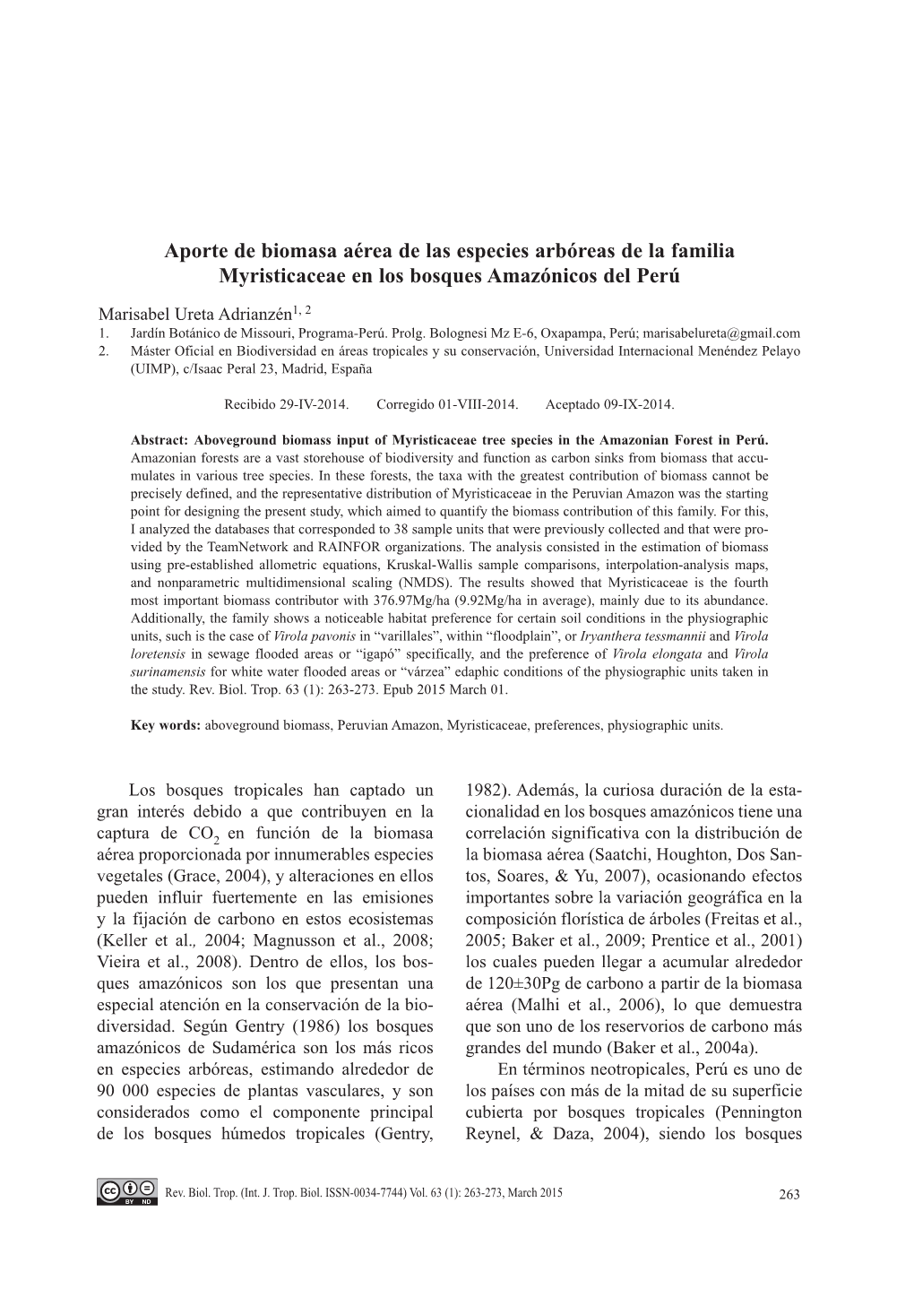 Aporte De Biomasa Aérea De Las Especies Arbóreas De La Familia Myristicaceae En Los Bosques Amazónicos Del Perú