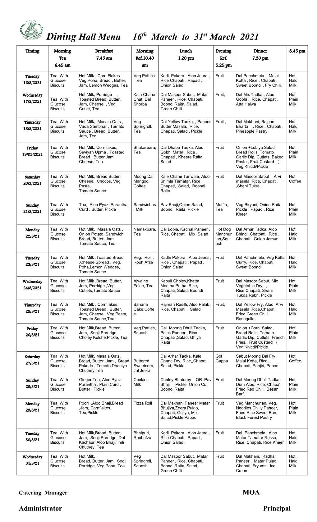 Dining Hall Menu 16Th March to 31St March 2021