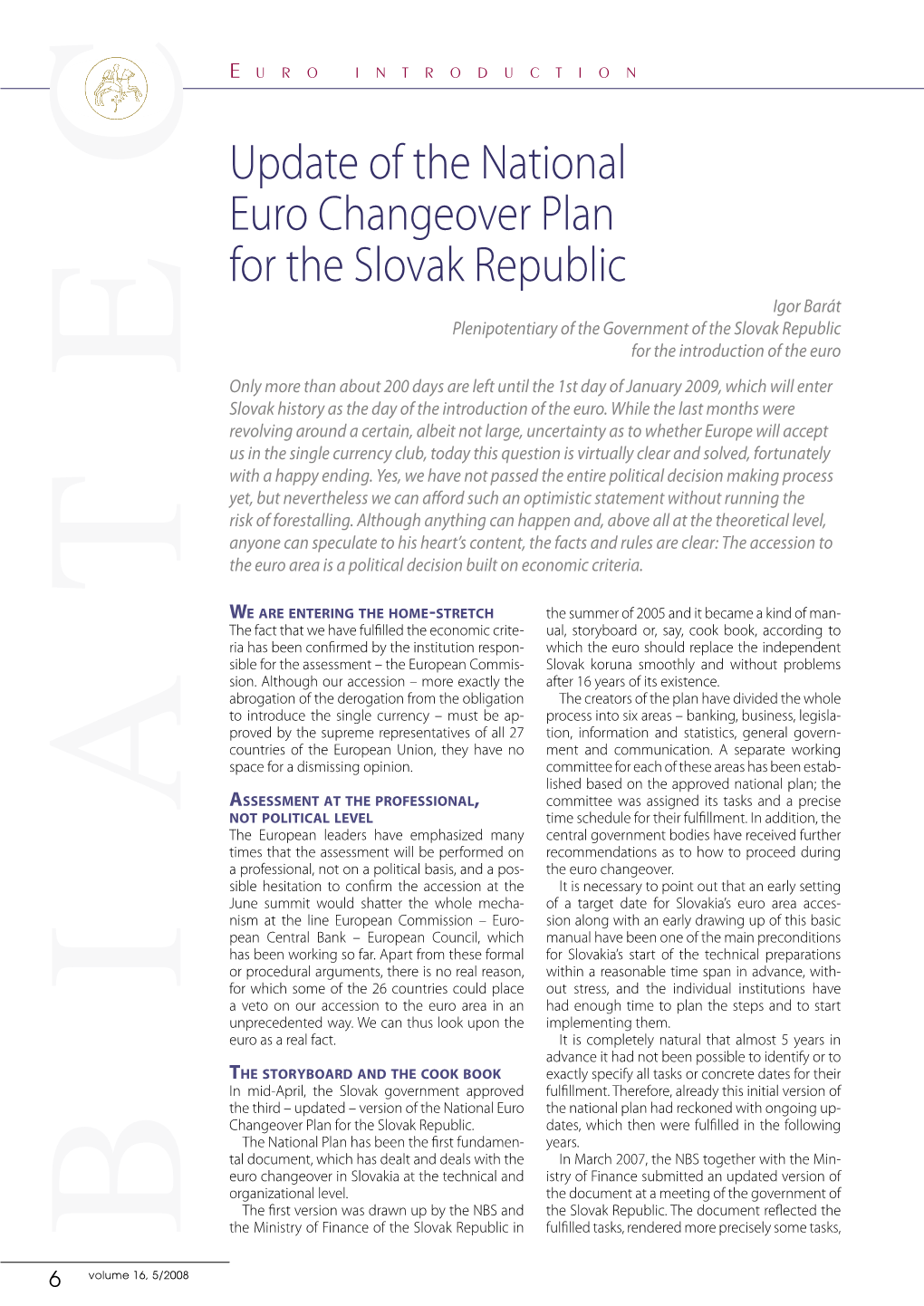 Update of the National Euro Changeover Plan for the Slovak