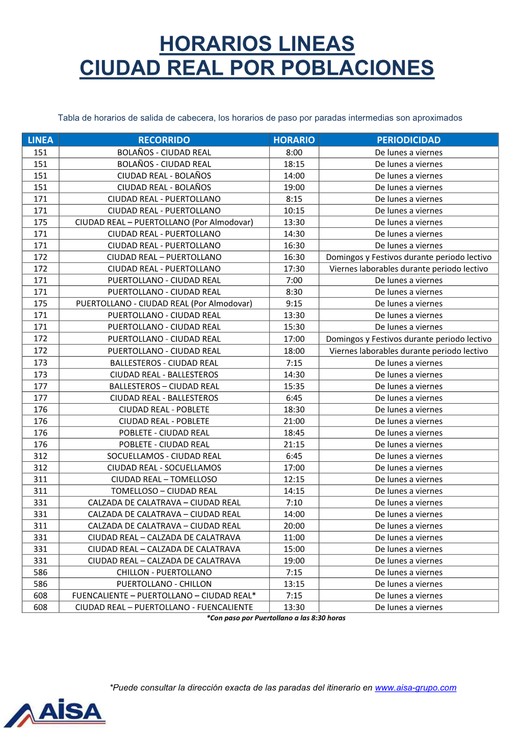 Horarios Lineas Ciudad Real Por Poblaciones