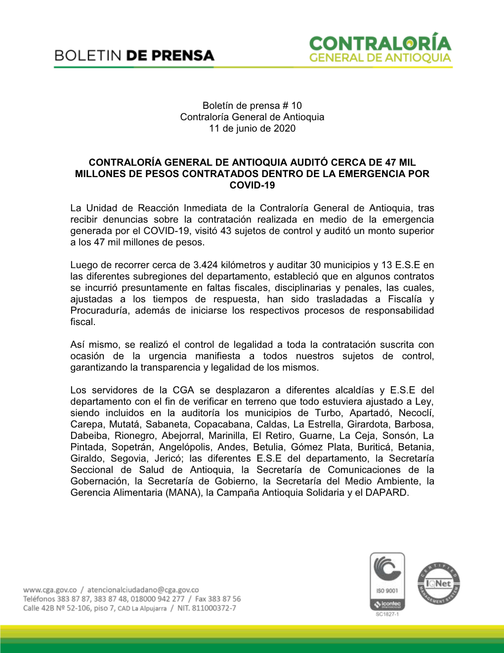 Boletín De Prensa # 10 Contraloría General De Antioquia 11 De Junio De 2020