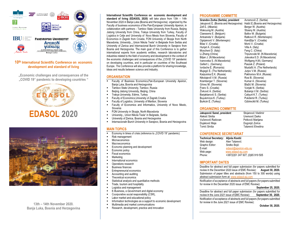 EDASOL 2020) Will Take Place from 13Th – 14Th Grandov Zorka (Serbia), President Avramović Z