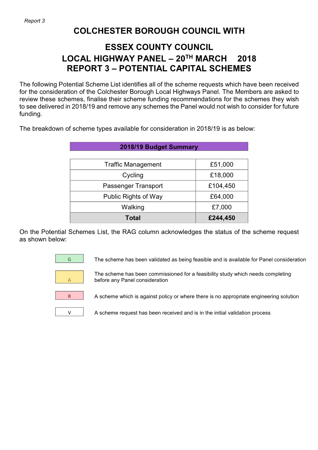 Colchester Borough Council with Essex County Council Local Highway Panel – 20Th March 2018 Report 3 – Potential Capital Schemes