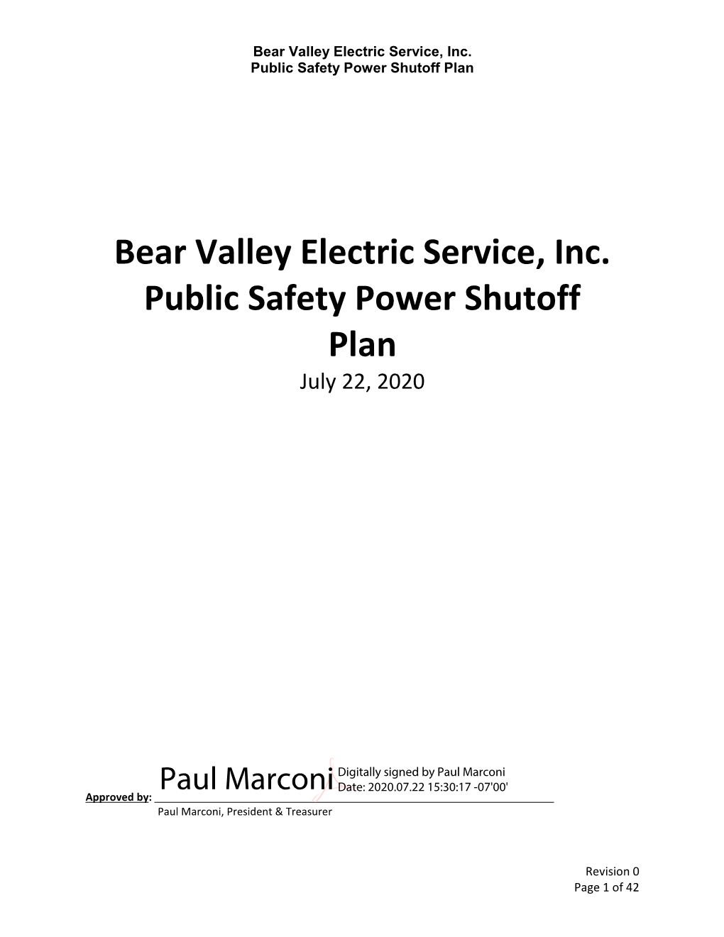 Bear Valley Electric Service, Inc. Public Safety Power Shutoff Plan
