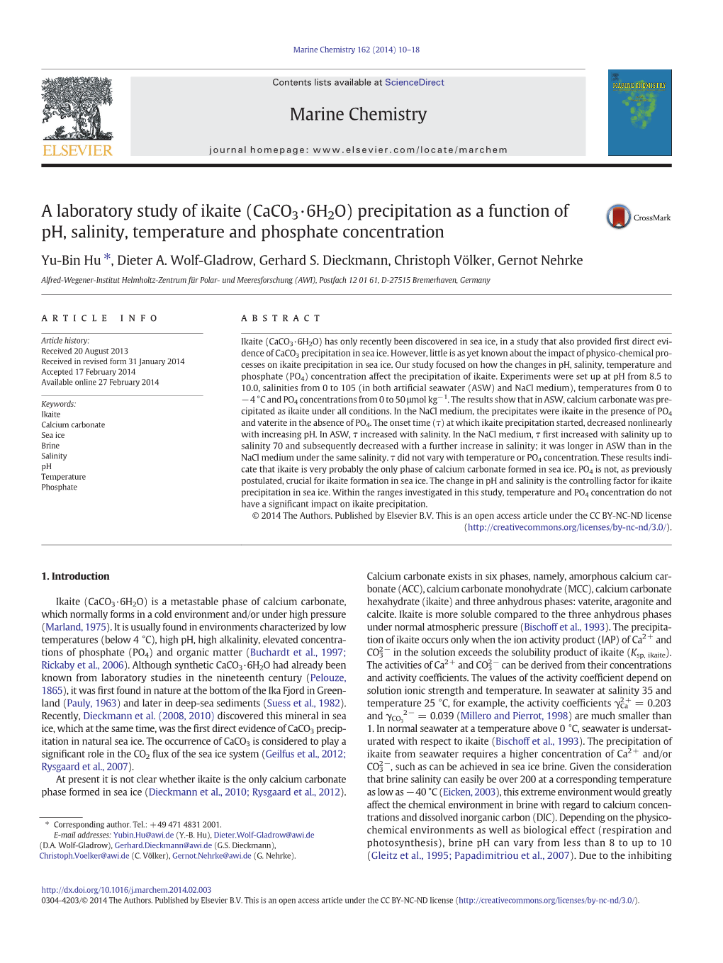 A Laboratory Study of Ikaite (Caco3·6H2O) Precipitation As a Function of Ph, Salinity, Temperature and Phosphate Concentration